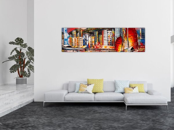 Obraz - Victoria Harbor, Hong Kong, olejomalba (170x50 cm)