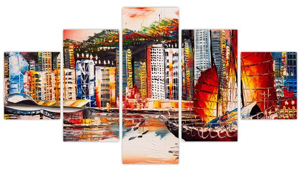 Obraz - Victoria Harbor, Hong Kong, olejomalba (125x70 cm)