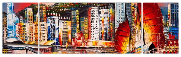 Obraz - Victoria Harbor, Hong Kong, olejomalba (170x50 cm)