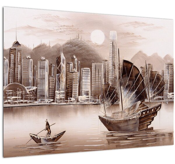 Obraz - Victoria Harbor, Hong Kong, sépiový efekt (70x50 cm)