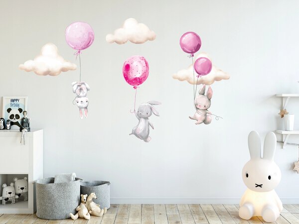 Vulpi Dětské samolepky na zeď Růžoví zajíčci na balónech 100x50 cm