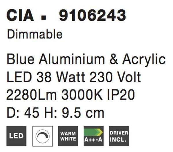 Nova Luce Stropní svítidlo CIA, LED 38W 3000K stmívatelné Barva: Modrá