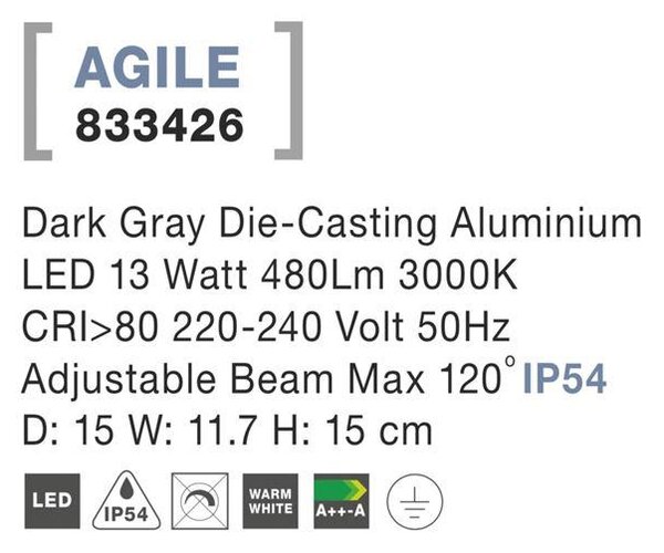 Nova Luce Venkovní nástěnné svítidlo AGILE, nastavitelné, LED 13W 3000K, IP54