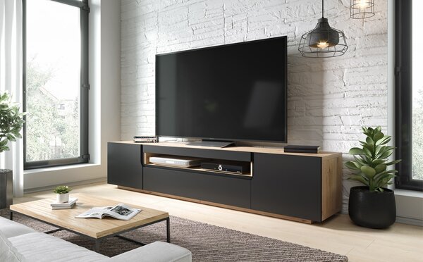 TV stolek Loftia 200 cm dvoudveřový s výklenkem - dub artisan / černý mat