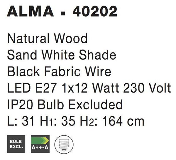 Nova Luce Stojací lampa ALMA přírodní Dřevo bílé stínidlo černý kabel E27 1x12W