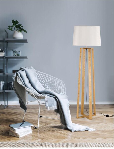 Nova Luce Stojací lampa ALMA přírodní Dřevo bílé stínidlo černý kabel E27 1x12W