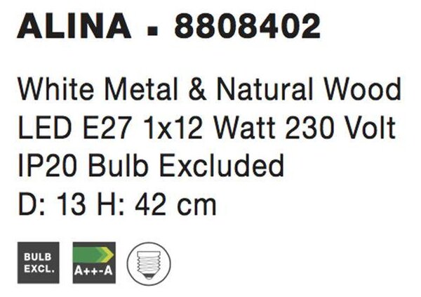 Nova Luce Stolní lampa ALINA bílá kov a přírodní Dřevo E27 1x12W