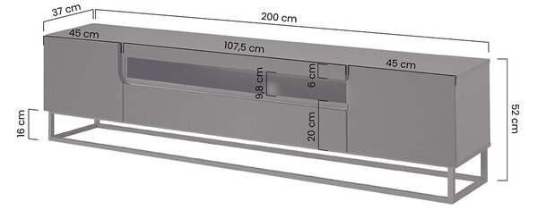 TV stolek Loftia 200 cm s výklenkem a kovovým rámem - černý mat