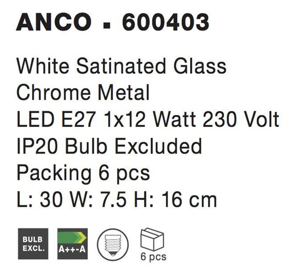 Nova Luce Nástěnné svítidlo ANCO matné bílé sklo chromovaný kov E27 1x12W