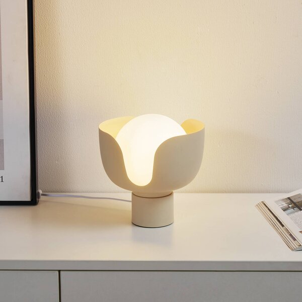 Lindby Stolní lampa Fiora, béžová barva, sklo, kov, Ø 20 cm, Krémová / jantar, Obývací pokoj / jídelna, kov, Moderní, stojací lampa