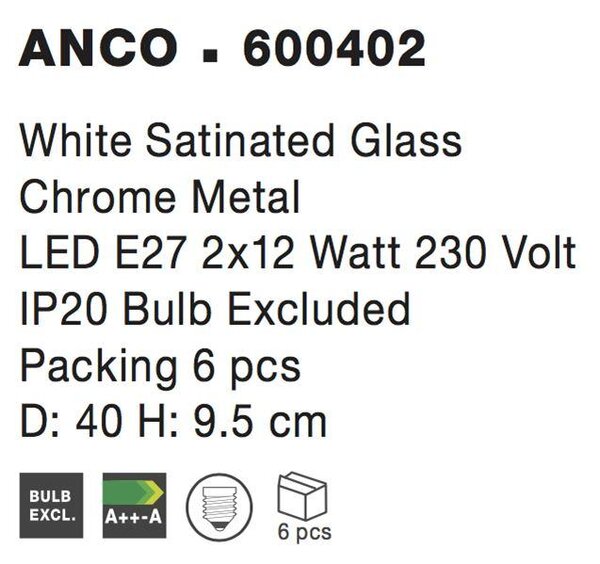 Nova Luce Stropní svítidlo ANCO matné bílé sklo chromovaný kov E27 2x12W