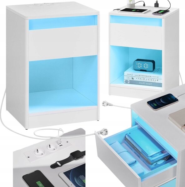 Bílá noční stolek s LED osvětlením, vestavěnými 2 zásuvkami a 2 USB porty