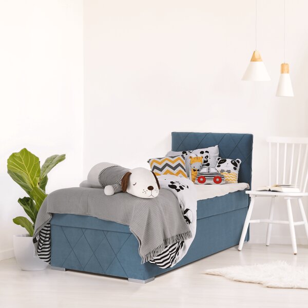 KONDELA Boxspringová postel, jednolůžko, modrá, 90x200, pravá, PAXTON