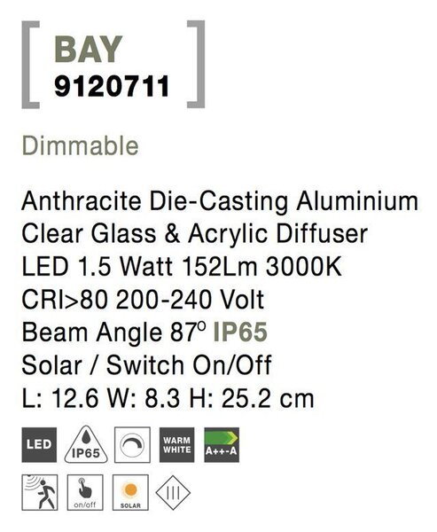 Nova Luce Venkovní nástěnné svítidlo BAY, LED 1.5W 3000K 3.7V, IP65 solární / vypínač na těle / pohybové čidlo