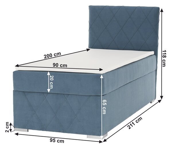 KONDELA Boxspringová postel, jednolůžko, modrá, 90x200, pravá, PAXTON