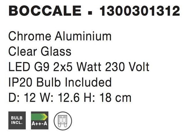 Nova Luce Nástěnné svítidlo BOCCALE chromovaný hliník čiré sklo G9 2x5W vč. žárovky