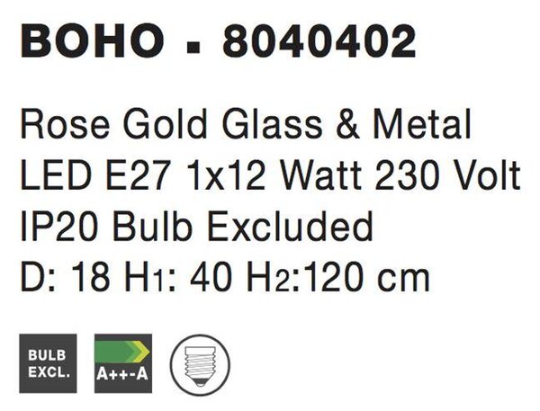 Nova Luce Závěsné svítidlo BOHO růžově zlaté sklo a kov E27 1x12W