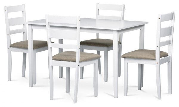 Jídelní set 1+4, stůl 120x75x75 cm, MDF, dýha, masivní nohy, bílý mat, šedé látkové sedáky AUT-6070 WT