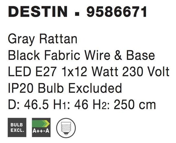 Nova Luce Závěsné svítidlo DESTIN železo a ratan, šedá barva E27 1x12W