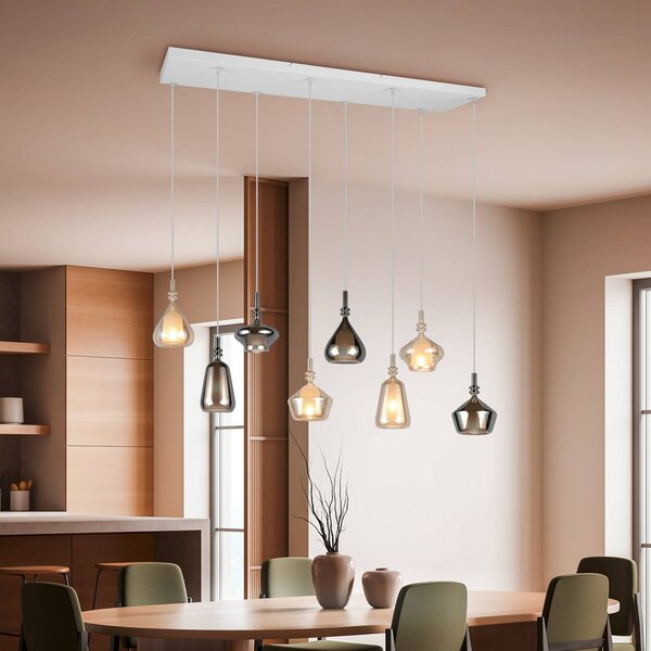 Trio Lighting Závěsné světlo Aldea, délka 115 cm, bílá/jantarová/chromové sklo, 8 svítidel., stmívatelný, Krémová / jantar, Obývací pokoj / jídelna, Sklo
