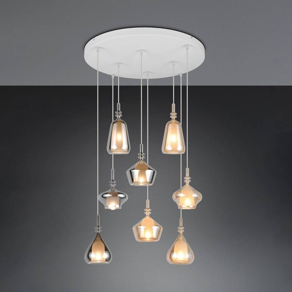 Trio Lighting Závěsné světlo Aldea, Ø 60 cm, bílá/jantarová/chrom, sklo, 8 žárovek., stmívatelný, Krémová / jantar, Obývací pokoj / jídelna, Sklo