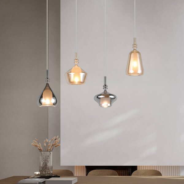 Trio Lighting Závěsné světlo Aldea, délka 65 cm, bílá/jantarová/chromové sklo, 4 svítidla., stmívatelný, Krémová / jantar, Obývací pokoj / jídelna, Sklo