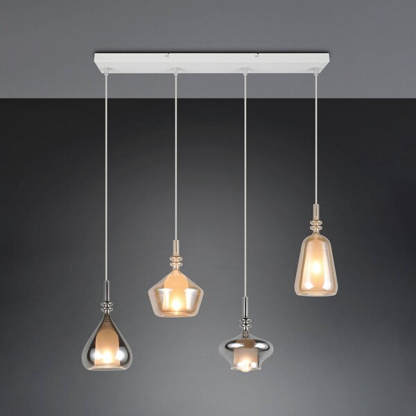 Trio Lighting Závěsné světlo Aldea, délka 65 cm, bílá/jantarová/chromové sklo, 4 svítidla., stmívatelný, Krémová / jantar, Obývací pokoj / jídelna, Sklo