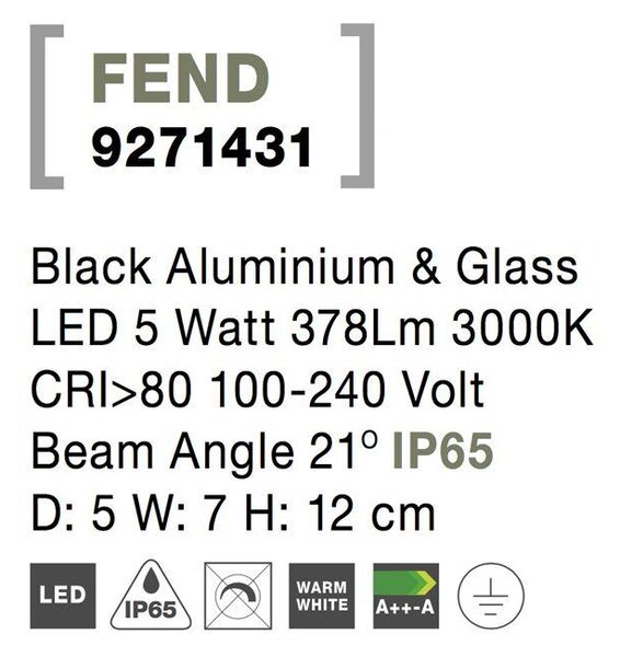 Nova Luce Venkovní nástěnné svítidlo FEND černý hliník a sklo LED 5W 3000K 21st. IP65