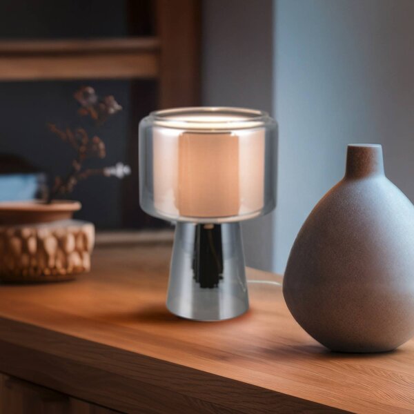 Trio Lighting Stolní lampa Rocka, chrom, výška 29 cm, sklo/látka, Chrom / stříbro, Obývací pokoj / jídelna, Sklo