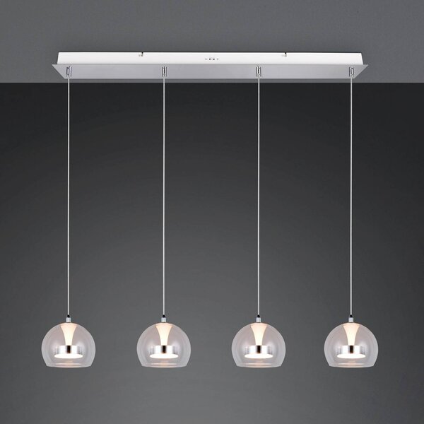 Trio Lighting Závěsné světlo LED Flynt, délka 97 cm, chromovaný kov, 4 žárovky., stmívatelný, Chrom / stříbro, Obývací pokoj / jídelna, kov, Moderní