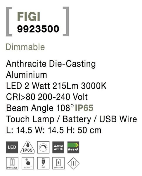 Nova Luce Venkovní stolní lampa FIGI antracitový hliník LED 2W 3000K 5V, IP65 dotykový vypínač / baterie / USB kabel / stmívatelné