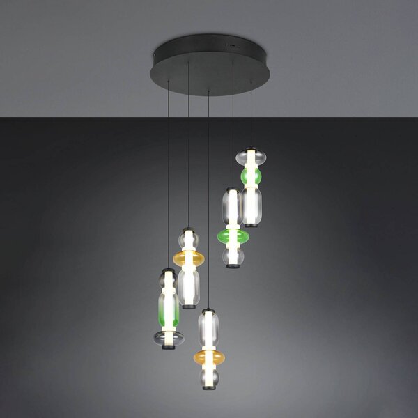 Trio Lighting Závěsné LED světlo Minerva, Ø 42 cm, barevné, sklo, 5 ramen., stmívatelný, Vícebarevná, Obývací pokoj / jídelna, Sklo