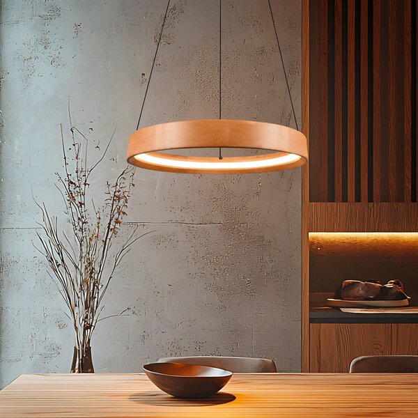 Trio Lighting Závěsné světlo LED Lynwood, Ø 50 cm, barva dřeva, dřevo, stmívatelné, stmívatelný, Světlé dřevo, Obývací pokoj / jídelna, Dřevo