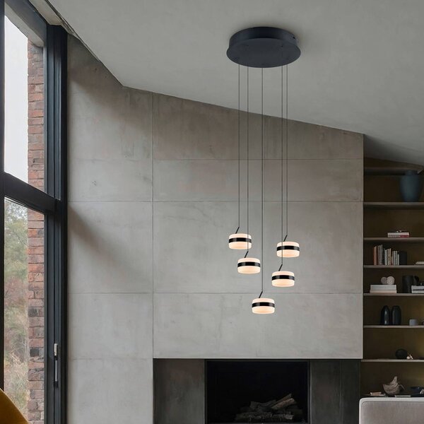 Trio Lighting Závěsné LED světlo Dios, niklová barva, Ø 45 cm, 5 ramen, stmívatelný, Hliník / šedá / zinek, Obývací pokoj / jídelna, kov, Moderní