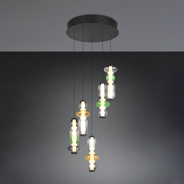 Trio Lighting Závěsné LED světlo Minerva, Ø 42 cm, barevné, sklo, 5 ramen., stmívatelný, Vícebarevná, Obývací pokoj / jídelna, Sklo
