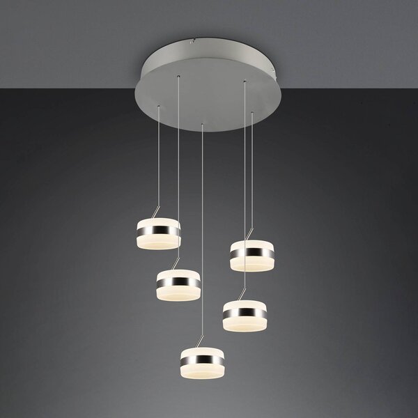 Trio Lighting Závěsné LED světlo Dios, niklová barva, Ø 45 cm, 5 ramen, stmívatelný, Hliník / šedá / zinek, Obývací pokoj / jídelna, kov, Moderní