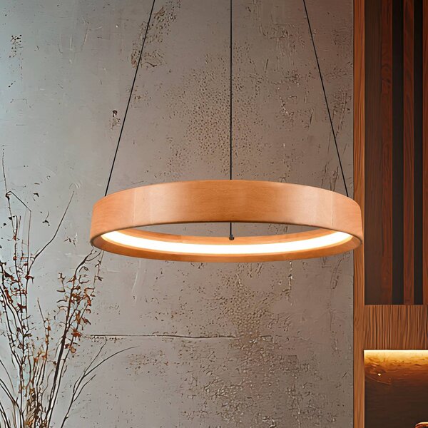 Trio Lighting Závěsné světlo LED Lynwood, Ø 50 cm, barva dřeva, dřevo, stmívatelné, stmívatelný, Světlé dřevo, Obývací pokoj / jídelna, Dřevo