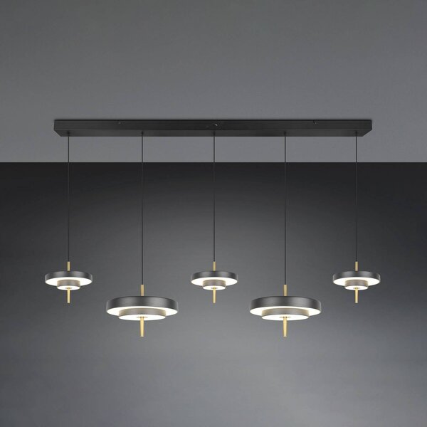 Trio Lighting Závěsné světlo LED Keaton, černá/zlatá 140 cm 5 svítidel., stmívatelný, Černá, Obývací pokoj / jídelna, kov