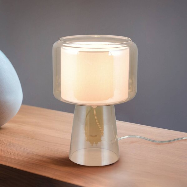Trio Lighting Stolní lampa Rocka, jantarová barva, výška 29 cm, sklo/látka, Krémová / jantar, Obývací pokoj / jídelna, Sklo