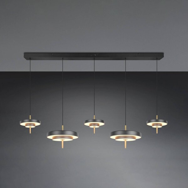 Trio Lighting Závěsné světlo LED Keaton, černá/zlatá 140 cm 5 svítidel., stmívatelný, Černá, Obývací pokoj / jídelna, kov