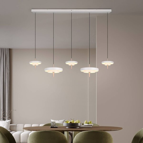 Trio Lighting Závěsné LED světlo Keaton, světle šedé, délka 140 cm, 5 svítidel., stmívatelný, Hliník / šedá / zinek, Obývací pokoj / jídelna, kov