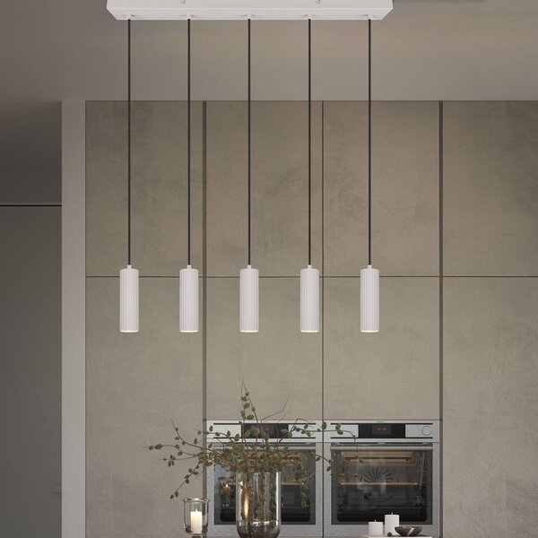 Trio Lighting Závěsné světlo Soka, světle šedá, délka 85 cm, kov, 5 ramen., stmívatelný, Hliník / šedá / zinek, Obývací pokoj / jídelna, kov, Moderní