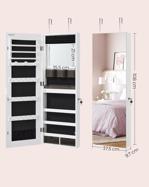 SONGMICS Závěsná šperkovnice se zrcadlem 120 cm bílá