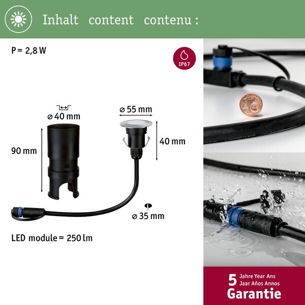 Paulmann 93951 Plug&Shine Mini, zápustné svítidlo do exteriéru 1x2,5W LED 3000K stmívatelné, stříbrná, IP65