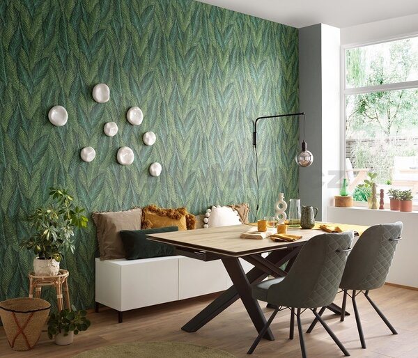 Vliesové tapety na zeď Martinique 10391-07, rozměr 10,05 m x 0,53 m, stylizované listy sytě zelené, Erismann