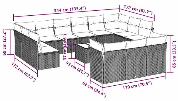 14dílná zahradní sedací souprava podušky světle šedá polyratan