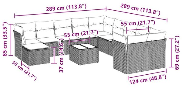 12dílná zahradní sedací souprava podušky světle šedá polyratan