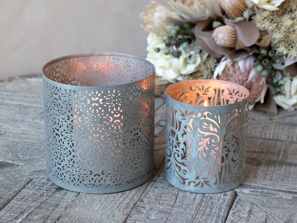 Set 2ks zinkový antik svícen/lucerna na širokou svíčku - Ø 15*15cm - Chic Antique