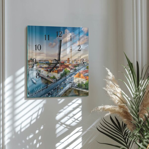 Skleněné hodiny na stěnu Městská řeka zskc-30x30-00177405