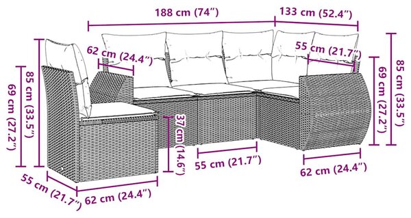 5dílná zahradní sedací souprava a podušky světle šedá polyratan